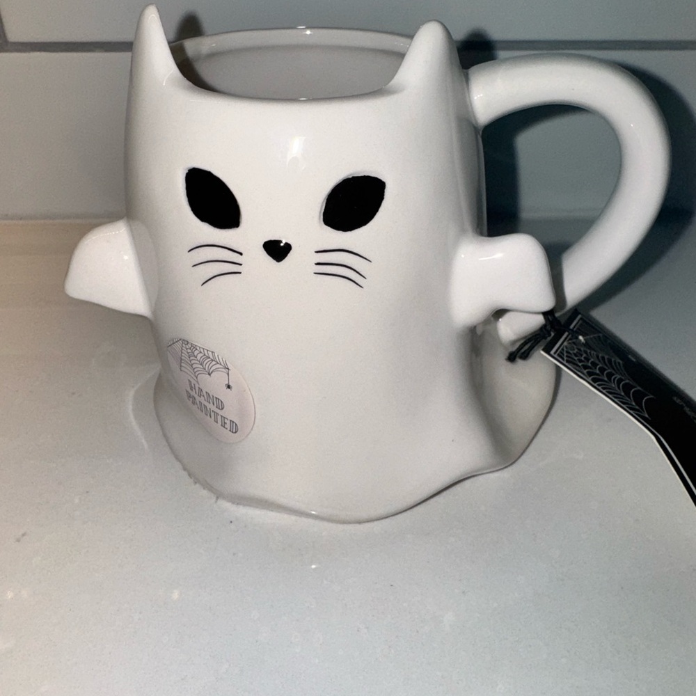 Whimsical Ghost Cat Mug - White